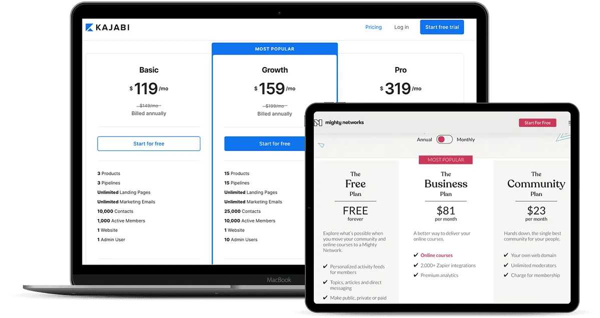 Screenshots of Kajabi and Mighty Networks pricing pages