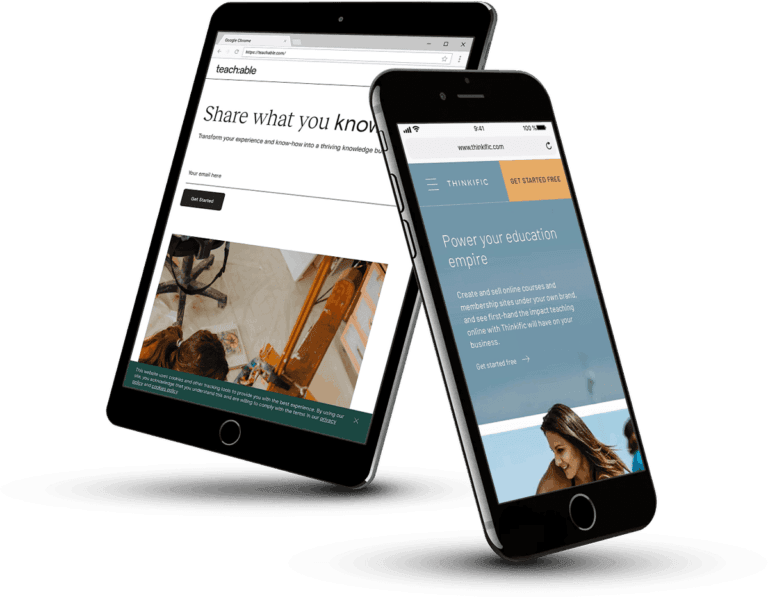 teachable thinkific website screenshots - AccessAlly Screenshots of Thinkific and Teachable websites displayed on 2 tablets