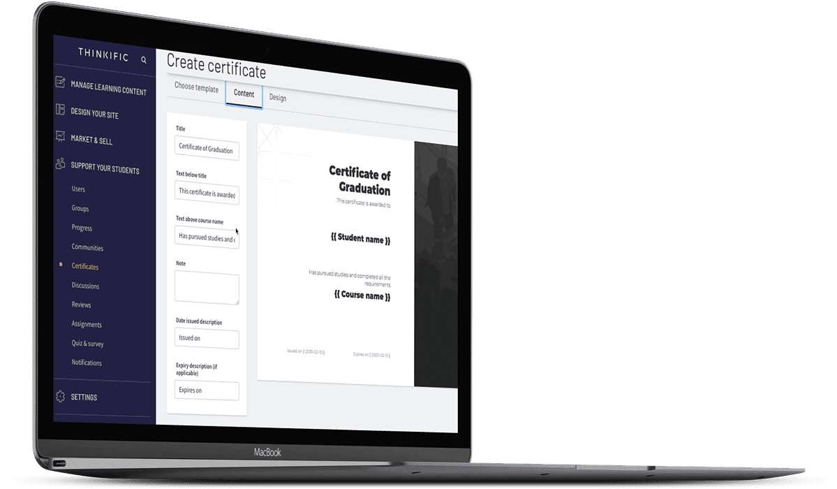 thinkific certificates - AccessAlly laptop displaying Thinkific certificate customization settings