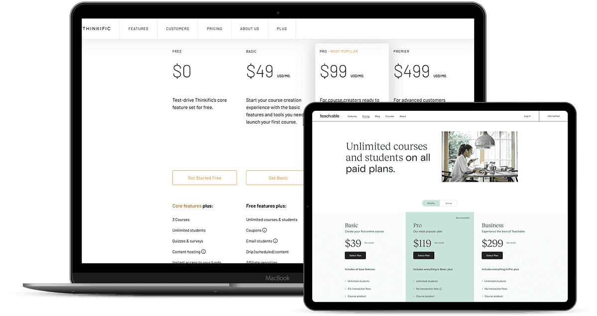 Screenshots of Thinkific and Teachable pricing pages
