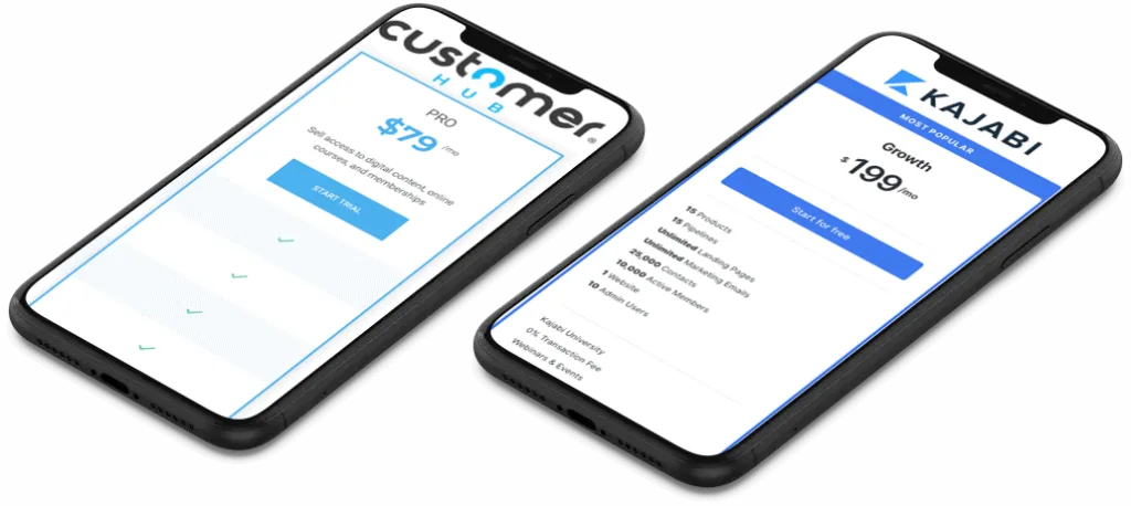Two iPhones showing pricing for Kajabi and CustomerHub