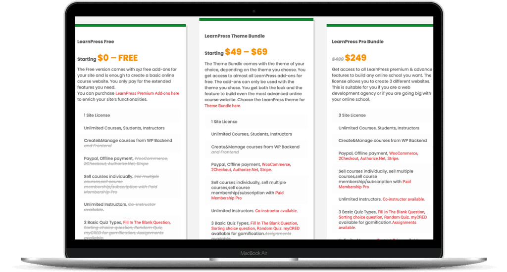 LearnPress pricing screenshot
