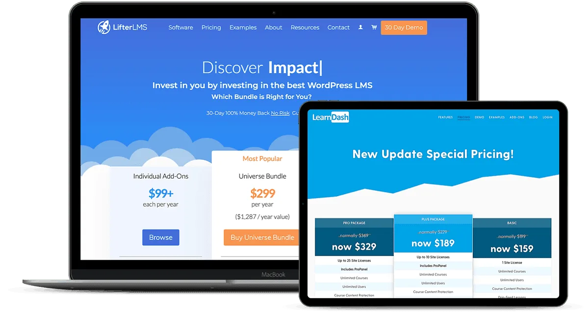 Screenshots of LearnDash and LifterLMS pricing pages
