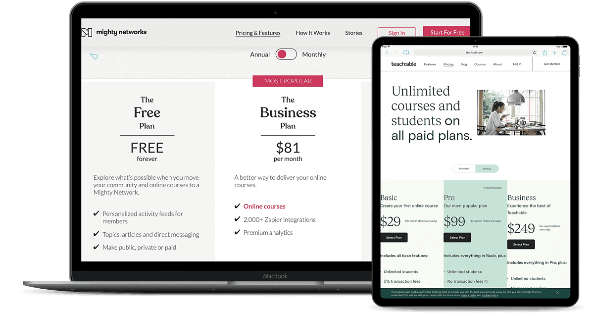 Screenshots of Mighty Networks and Teachable pricing pages