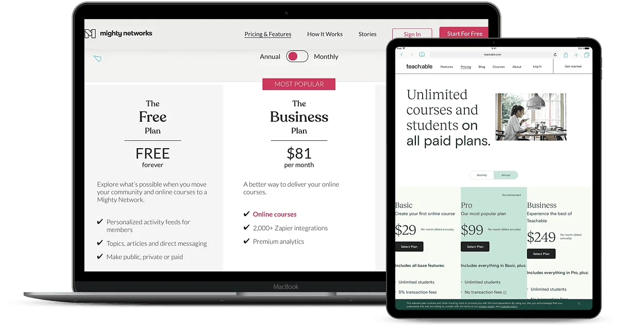 Screenshots of Mighty Networks and Teachable pricing pages