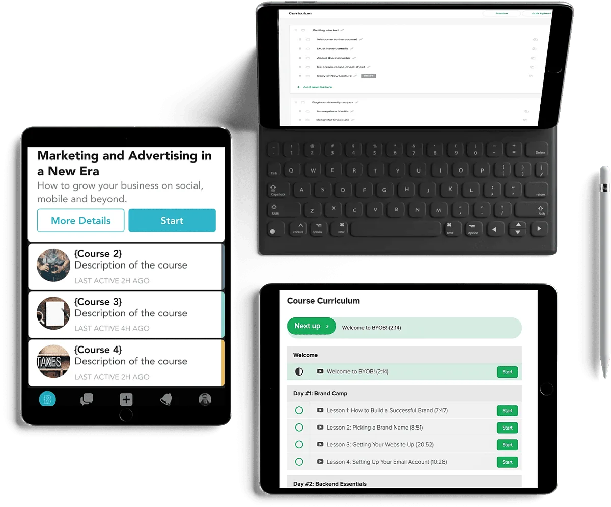 teachable vs mighty networks course builder - AccessAlly devices displaying course builders for Teachable and Mighty Networks