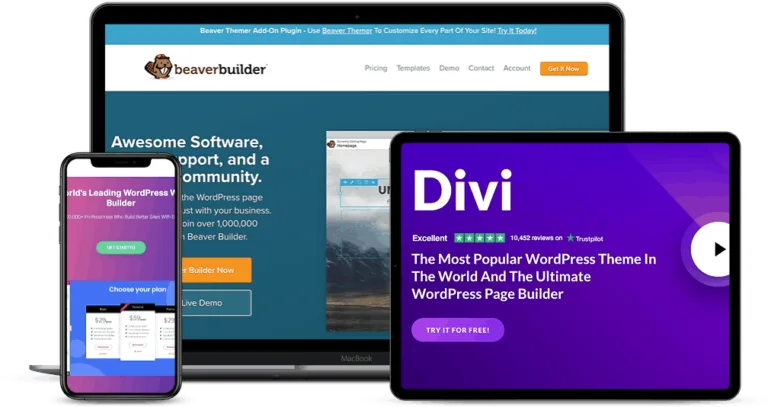 Design - LearnDash vs WP Courseware - AccessAlly Three devices showing page builder options