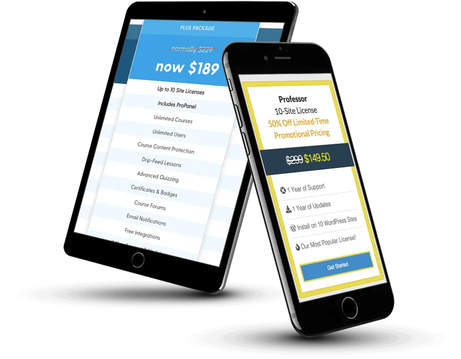 Pricing - LearnDash WP Courseware - AccessAlly Two devices showing screenshots from WP Courseware and LearnDash