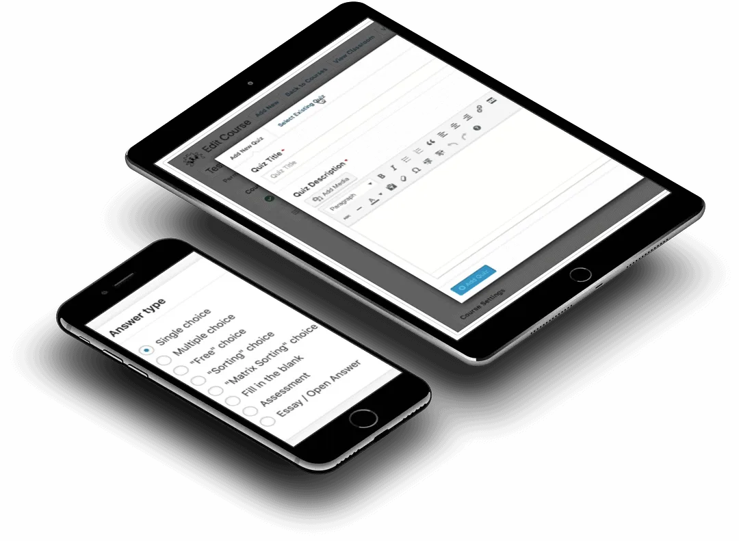 Quiz LearnDash vs WP Courseware - AccessAlly Two devices showing LearnDash vs WP coursware quiz options