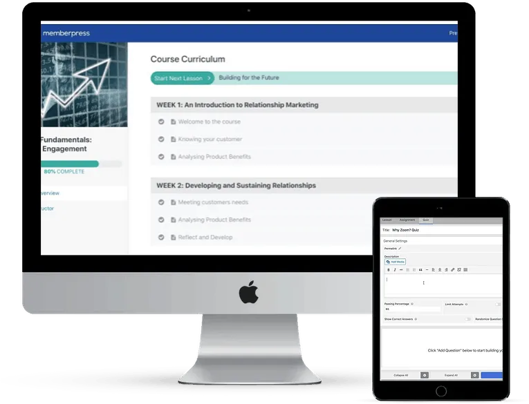 Two devices showing quiz options for LifterLMS and MemberPress
