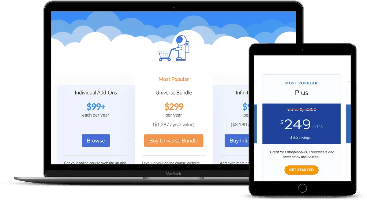 Two devices showing pricing options for LifterLMS vs MemberPress