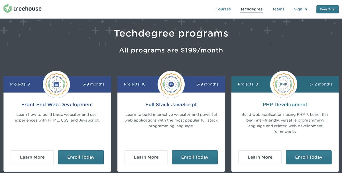 Screenshot of Treehouse techdegree membership examples