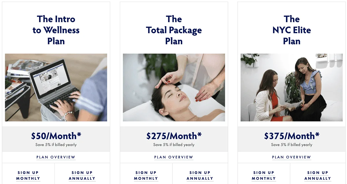 Screenshot of wellness membership tier example