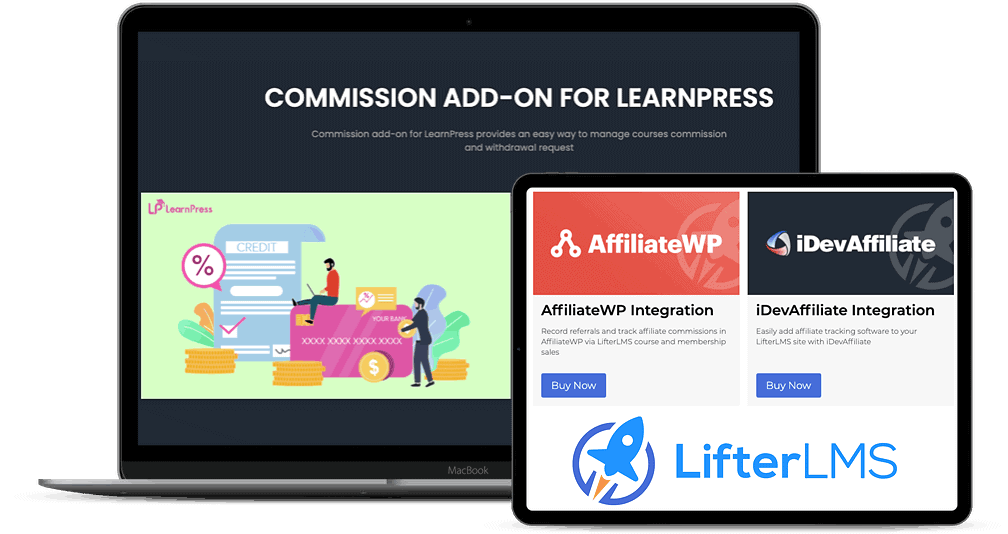 two screens showing affiliate options for LifterLMS and LearnPress