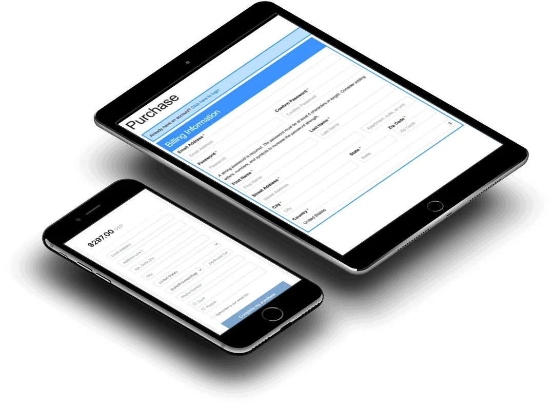 two devices showing e-commerce checkouts for LifterLMS and Kajabi