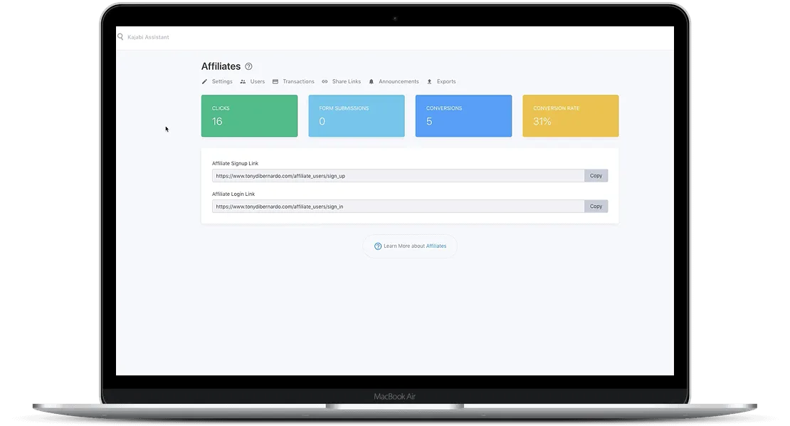Macbook air showing Kajabi affiliates