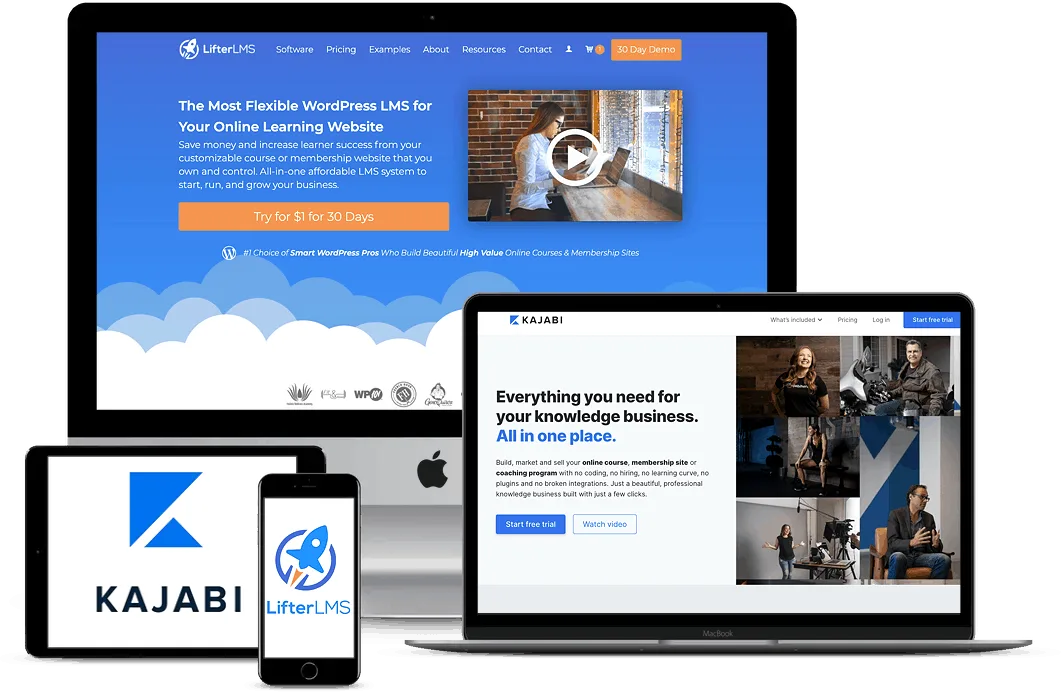 4 devices showing Kajabi and LifterLMS