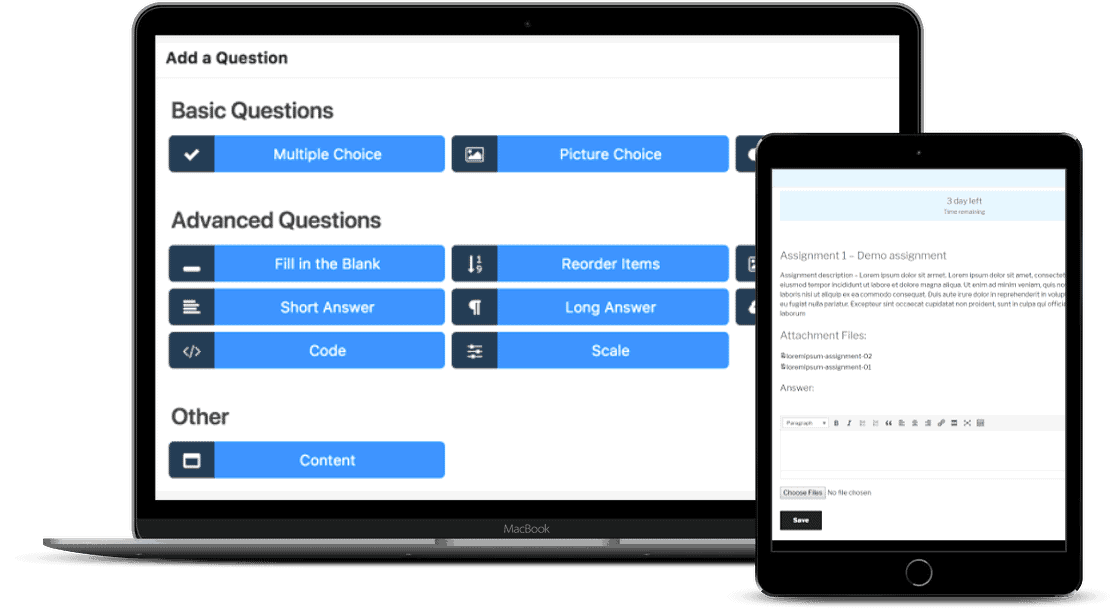 Two screens showing quiz options for LifterLMS and LearnPress