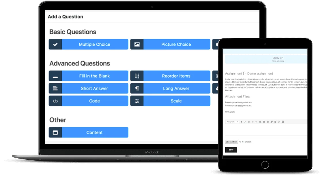 Quizzes-LifterLMS vs LearnPress - AccessAlly Two screens showing quiz options for LifterLMS and LearnPress