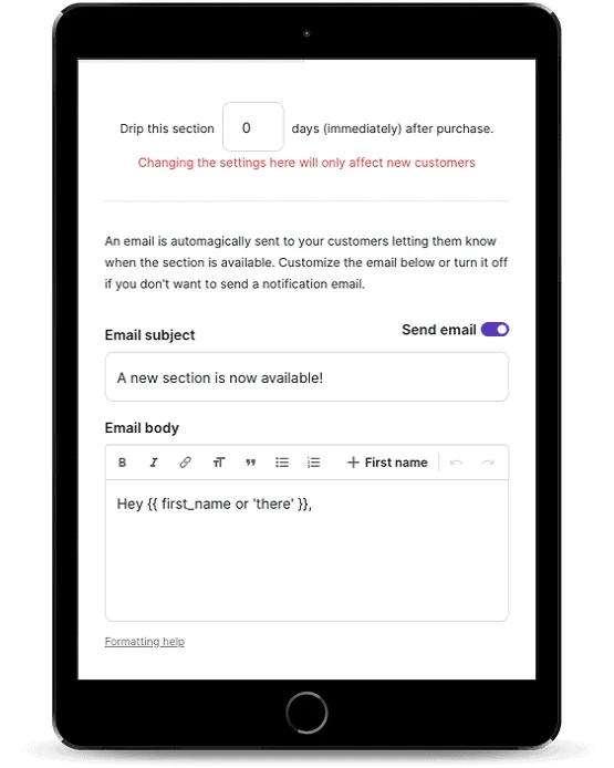 Tablet showing drip settings for Podia