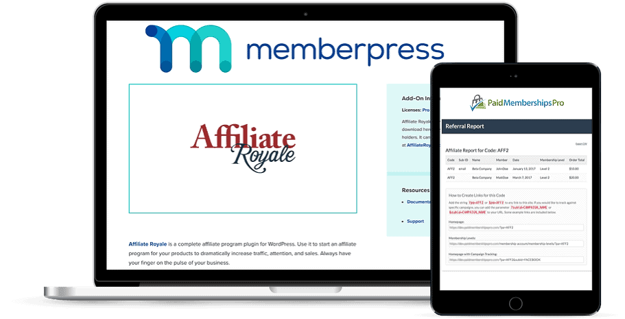 Two devices showing affiliate options for PMP and MemberPress