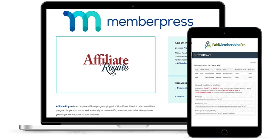 Affiliate-PMP vs. MemberPress - AccessAlly Two devices showing affiliate options for PMP and MemberPress