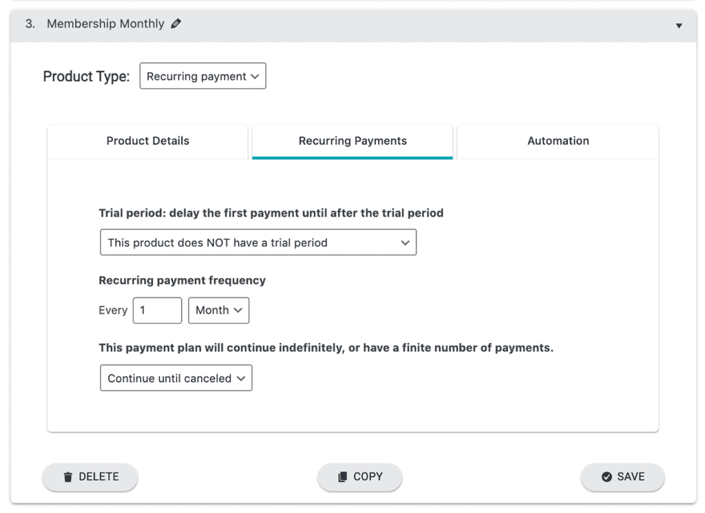 Screenshot showing settings for recurring payments