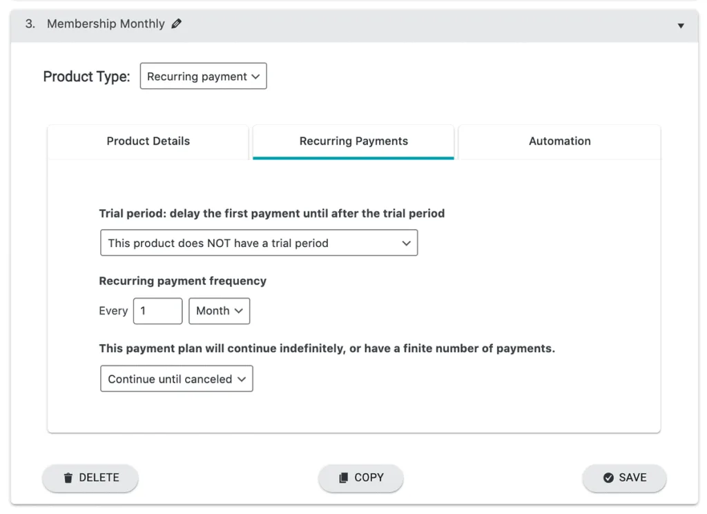 Recurring subscription product settings - AccessAlly Screenshot showing settings for recurring payments