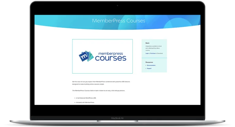 MemberPress_Courses_AddOn - AccessAlly Courses Add On option shown on laptop