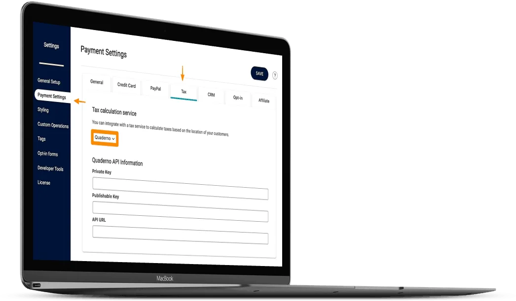 Quaderno Payment Settings - AccessAlly logo Quaderno, payment processing settings inside AccessAlly