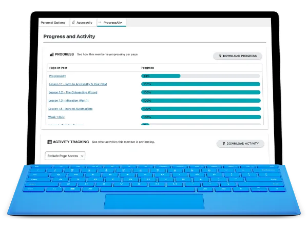 LMS reporting dashboard - AccessAlly Progress display