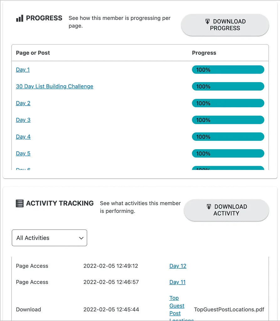 Screenshot of individual progress