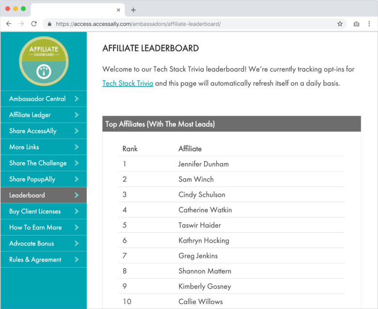 Screenshot of affiliate leaderboard example