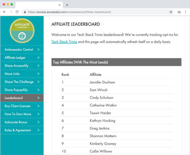 Affiliate Leaderboard in the Open