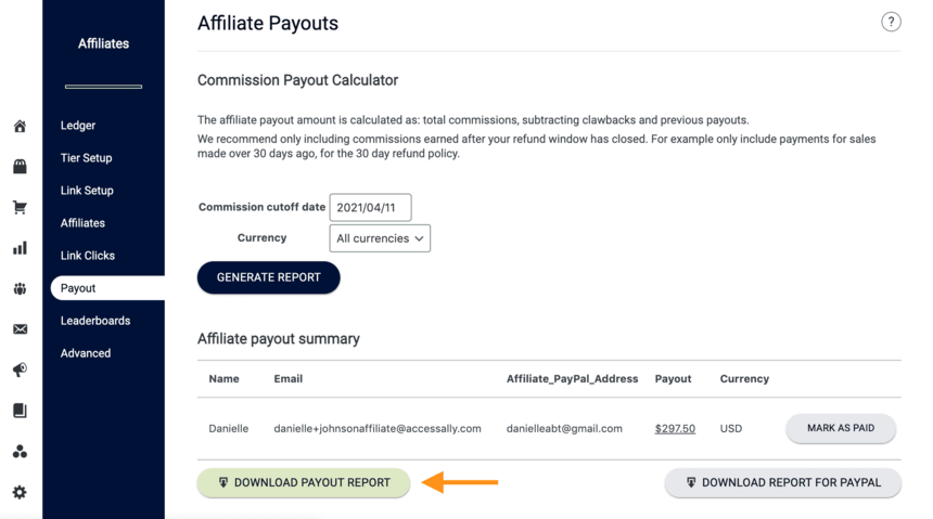Screenshot of affiliate payout page