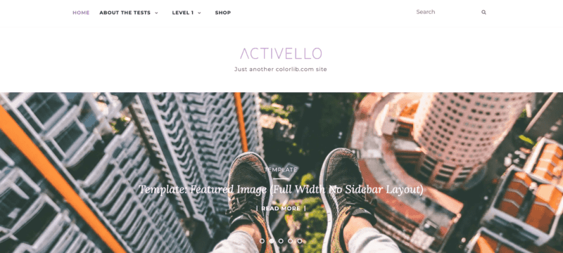 Activello demo site. White background with black and lavender typography. Image is of a person dangling their feet over a rooftop.