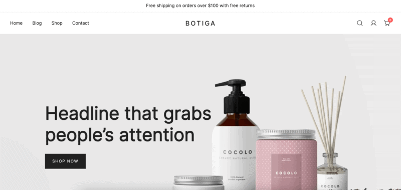 Botiga demo site, a free feminine WordPress theme. Beauty products make up the background image, alongside black text and a black button.