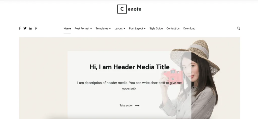 Cenote demo site with white background, black text. Image is a woman in front of a beige background.