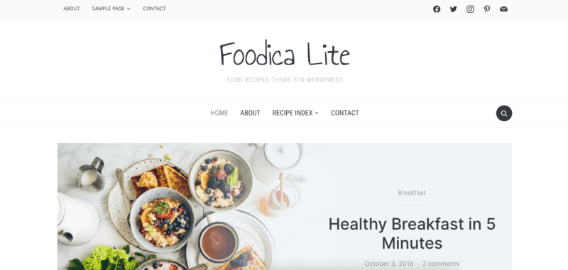 Foodica Lite theme. Minimalistic with white background, black text. Image of breakfast foods.