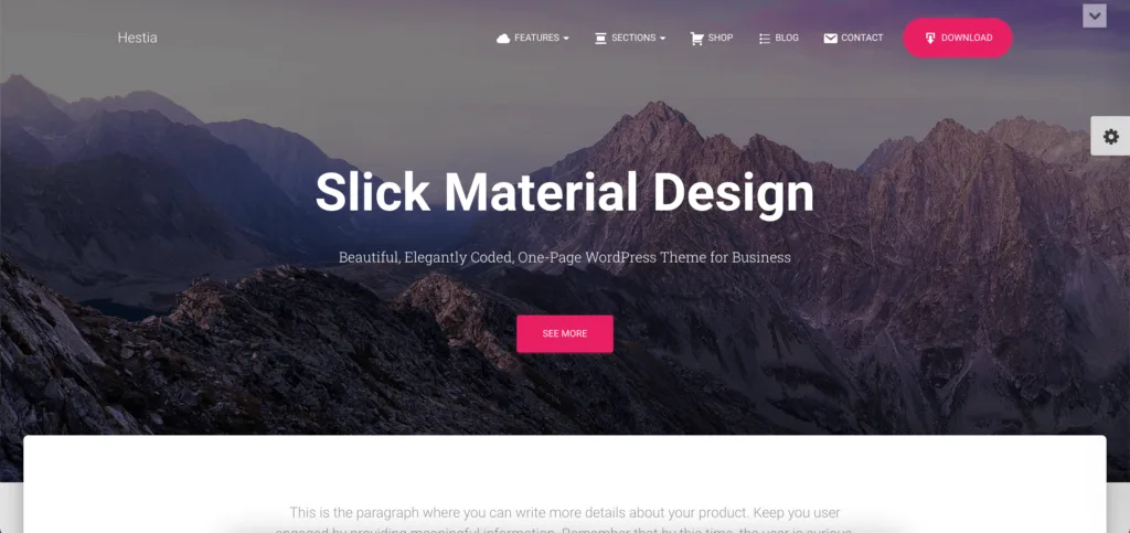 Hestia feminine WordPress theme. Background image has a mountain landscape, text is white and buttons are pink.