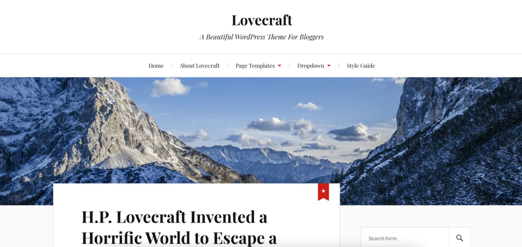 Lovecraft demo site. Simple with black text and white background. Image of mountain landscape