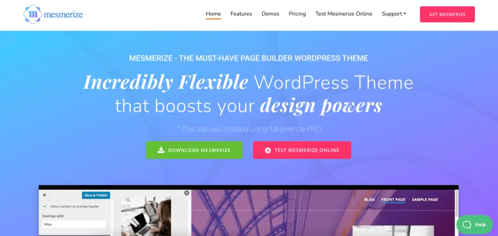 Mesmerize theme home page. The background is a gradient of medium blue to purple.