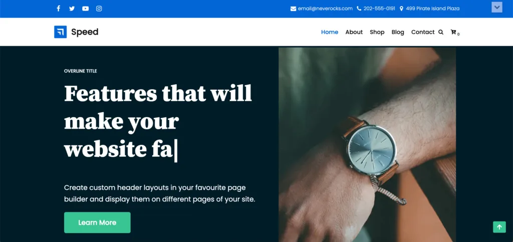 Neve WordPress website demo site. Header is white with blue accents, and main page is dark blue with a seafoam green button.