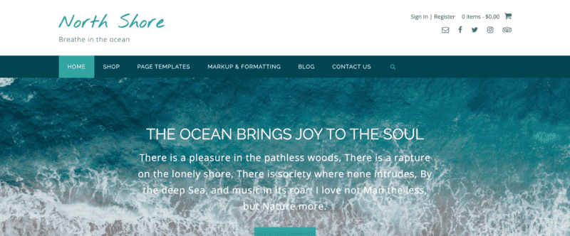 Demo site for North Shore, a WordPress theme with an oceanic style. The background is an image of teal ocean water. 