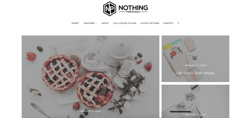 Nothing Personal WordPress theme demo site with feminine style. White background with black text and images of pies and a journal with stationary.