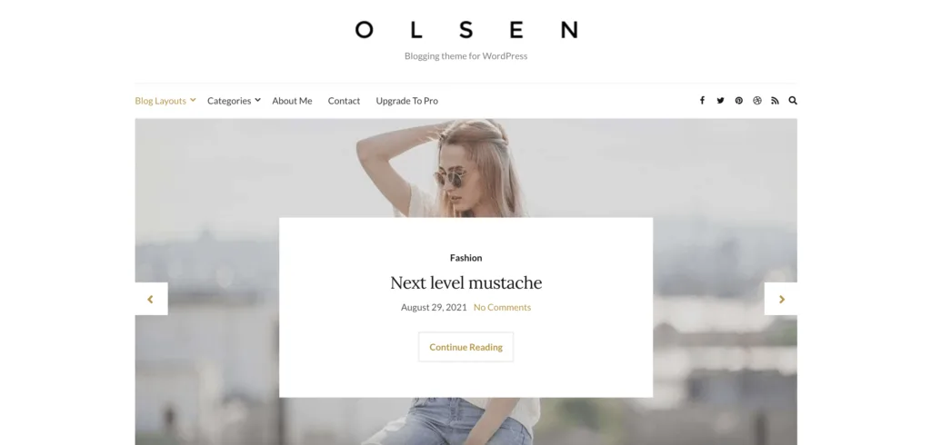 Olsen Light demo site, a feminine WordPress theme with feminine style. White with black typography and an image of a woman in the centre.