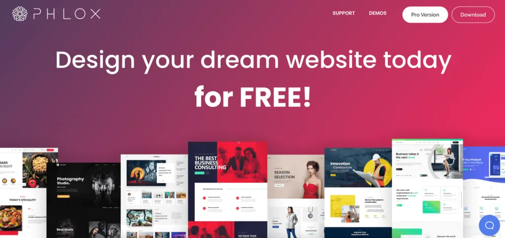 Phlox theme home page. Background has a gradient of dark purple to hot pink. A variety of demo sites built with the theme are shown.