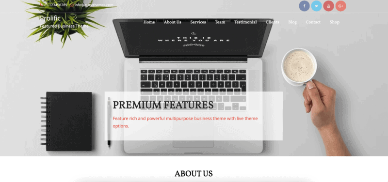 Demo site for the WordPress theme Prolific. The background image is of a bird's eye view of a laptop, hand holding a coffee mug, with a plant and journal on the left.