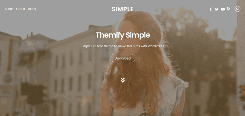 Simple WordPress theme. Text is white and background is a faded image of a girl in the city. 