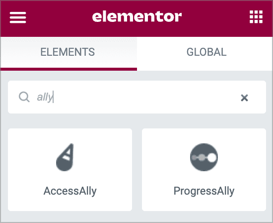 Screenshot of Elementor AccessAlly and ProgressAlly blocks